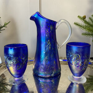 Hand Blown Venetian Italian Art Glass pitcher and glasses set Blue Color signed